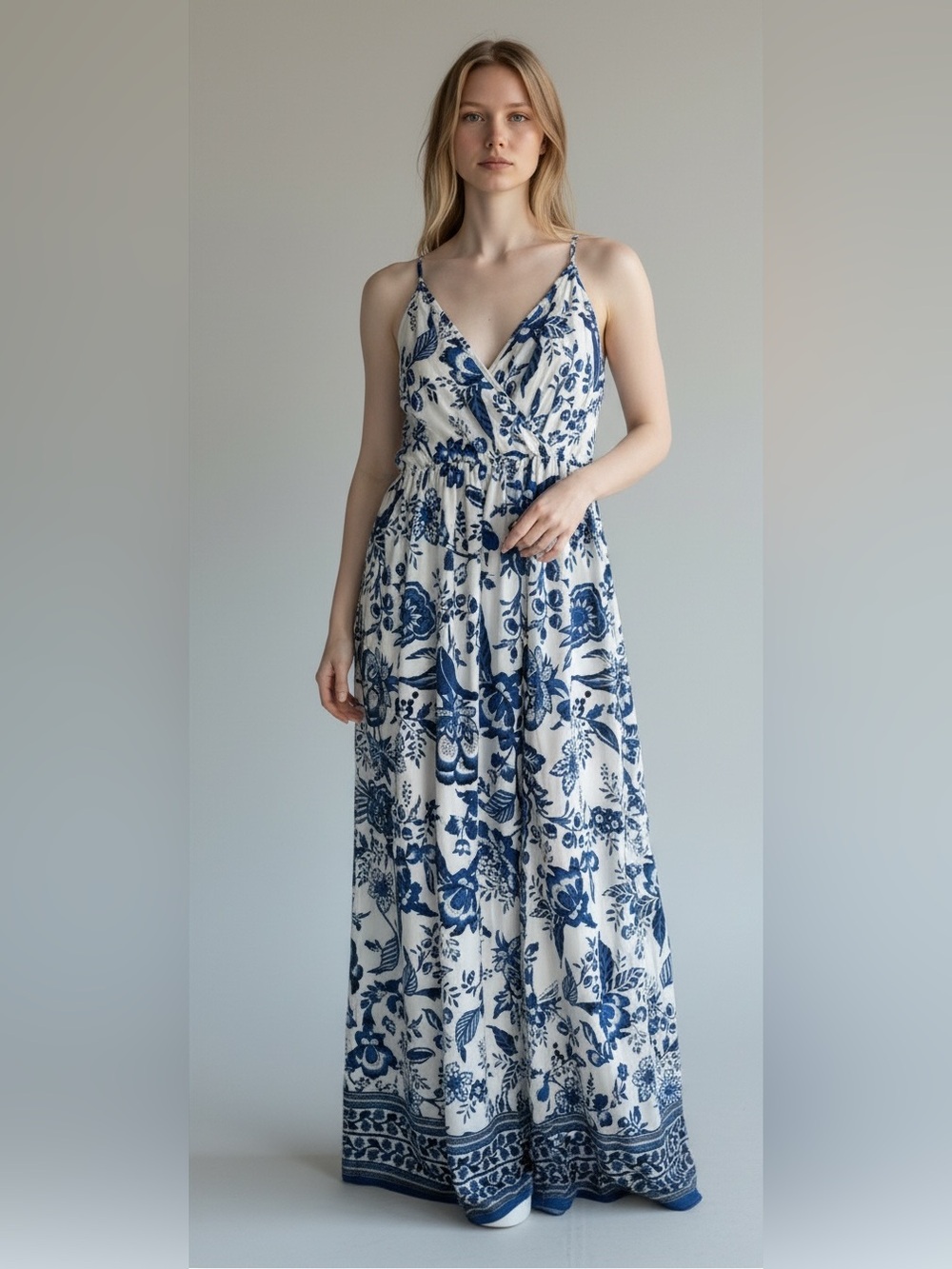 SHEIN White and Blue Floral Wrap Maxi Dress